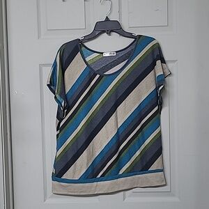 Agenda Women's Roundneck Striped Short Sleeve Top Tan/Green/Blue Size XL